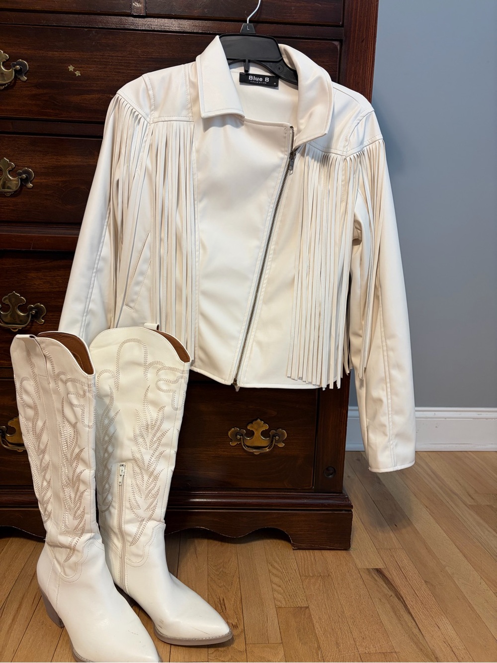 Blue B White Fringe Faux Leather Jacket - Women's Boots-concert duo.